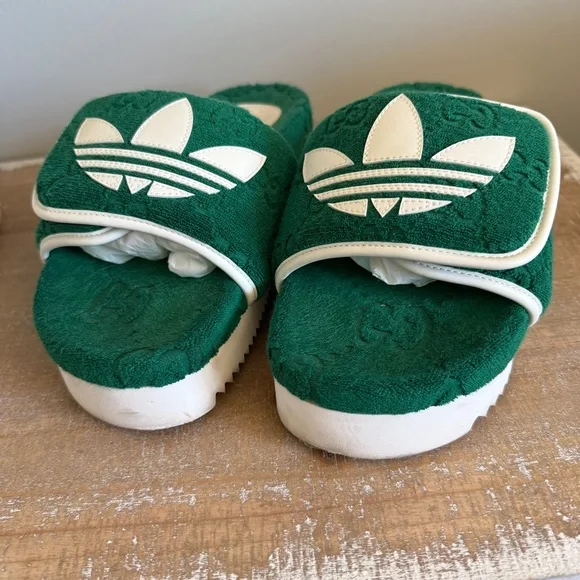 Gucci x Adidas Terry Cloth Trefoil GG Monogram Platform Sandals — Size 39 - Picture 2 of 8
